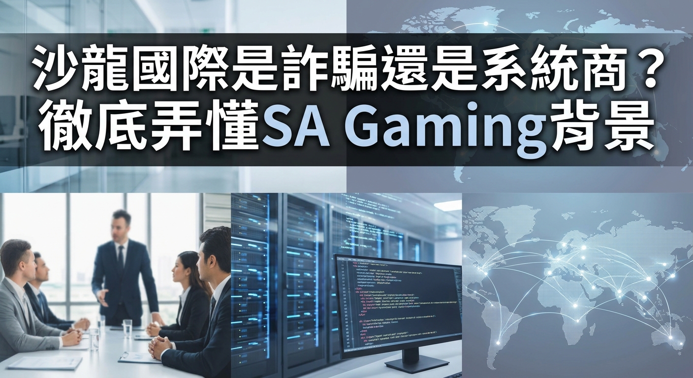 一張科技感十足的專業圖文設計，上方以清晰的大字標示標題「沙龍國際是詐騙還是系統商？徹底弄懂SA Gaming背景」。 下方包含商務會議、數據伺服器與全球網路地圖等畫面，突顯對娛樂城系統供應商背景與安全性進行深度解析的氛圍。