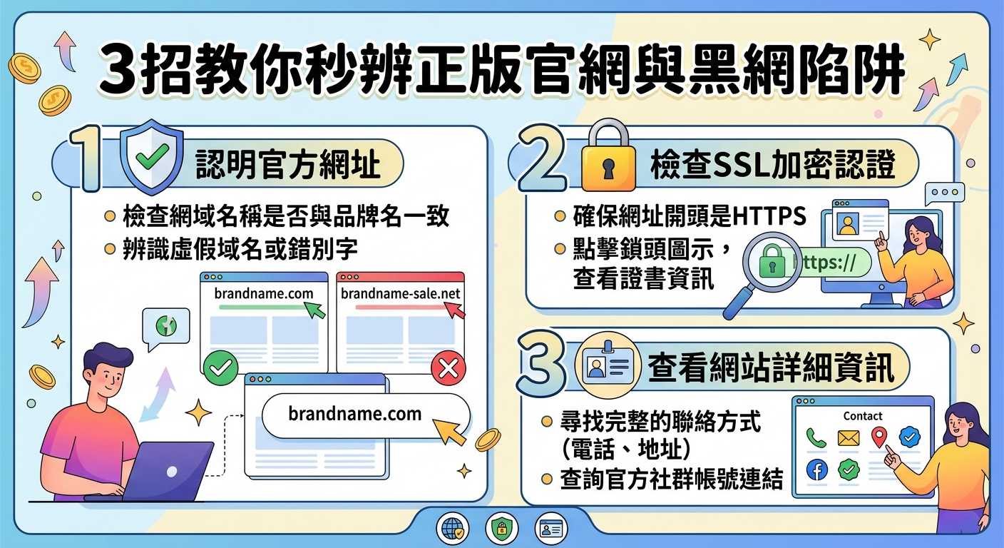 這張圖片以清晰的圖解呈現「3招教你秒辨正版官網與黑網陷阱」主題，包含認明官方網址、檢查SSL加密認證與查看網站詳細資訊。 整體採用明亮的藍紫色調與現代扁平化插圖，搭配簡潔的文字說明與對比圖示，讓人能迅速掌握辨識真偽網站的實用技巧。