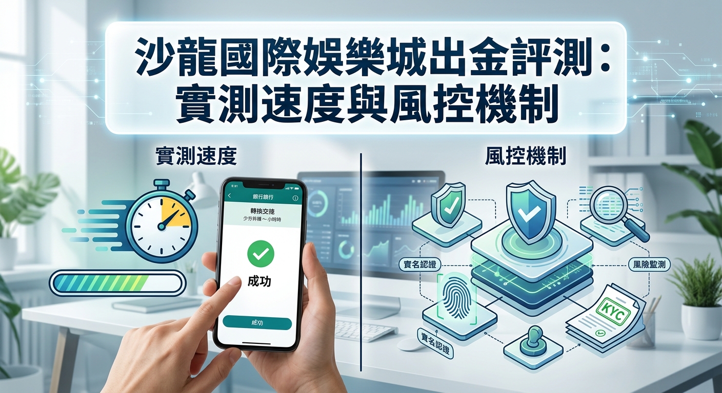 這張圖片展示了一次針對「沙龍國際娛樂城出金」的專業評測,畫面左側呈現手機交易成功的介面與代表速度的時鐘圖標。 右側則以盾牌、指紋辨識與 KYC 文件圖示,清晰呈現平台嚴謹的風控機制與安全審核流程。