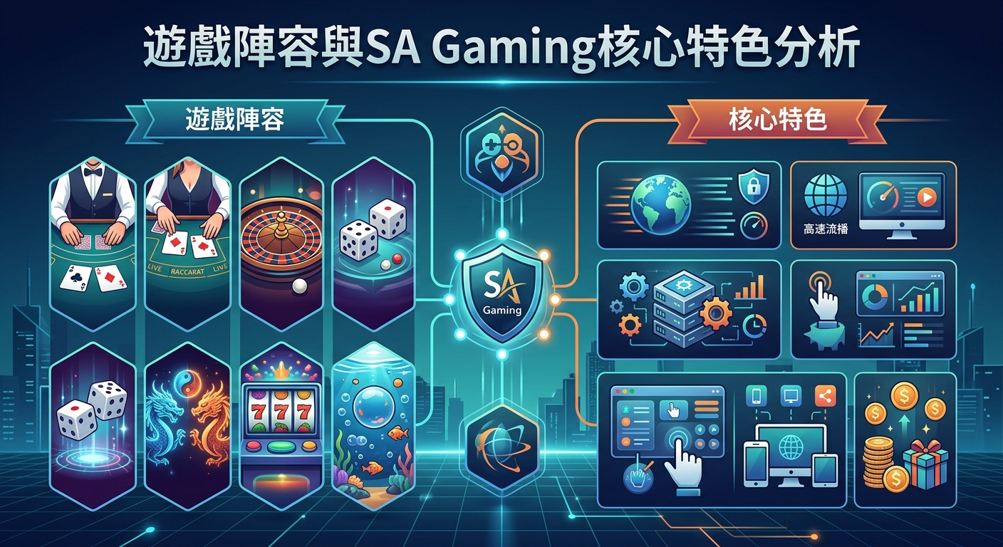 這張圖表展現了 SA Gaming 的遊戲陣容與核心特色,左側包含真人視訊與多元博弈遊戲,右側則突顯其流暢直播、跨平台支援與優化營運等技術優勢。