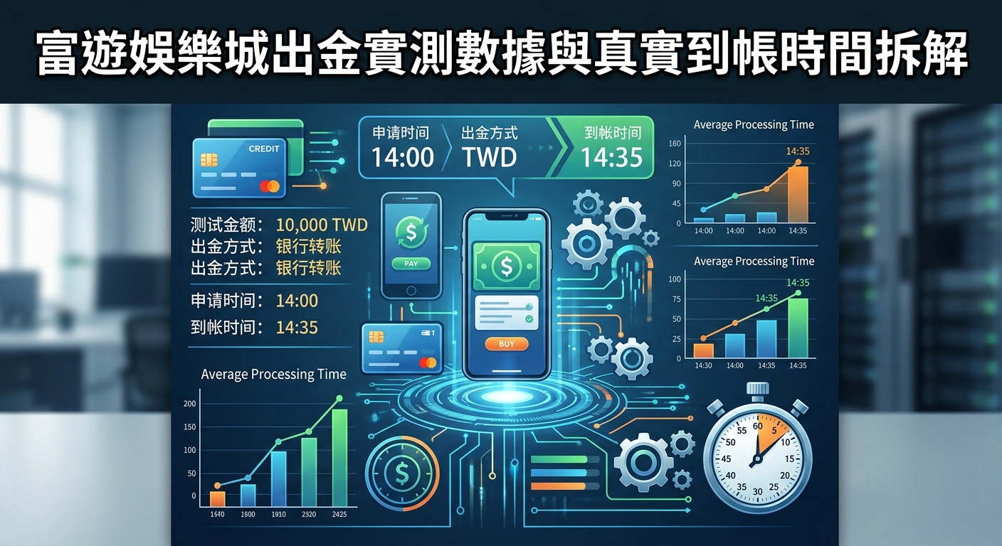 這張圖片以數據分析風格展示娛樂城出金拆解,畫面上包含手機支付介面、銀行卡、計時器圖示與各種出金時間統計圖表。 頂部標題為「富遊娛樂城出金實測數據與真實到帳時間拆解」,整體視覺科技感十足且呈現出客觀測試的專業氛圍。