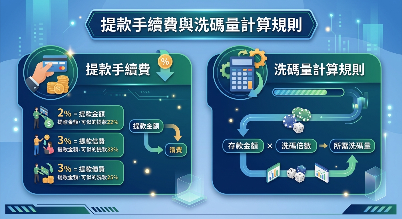這張圖表採用深藍與翠綠為主色調,以現代科技感呈現「提款手續費與洗碼量計算規則」主題。 畫面左側透過卡片與百分比圖標展示手續費計算,右側則結合計算機、籌碼與流程圖說明存款金額乘上洗碼倍數的計算公式。