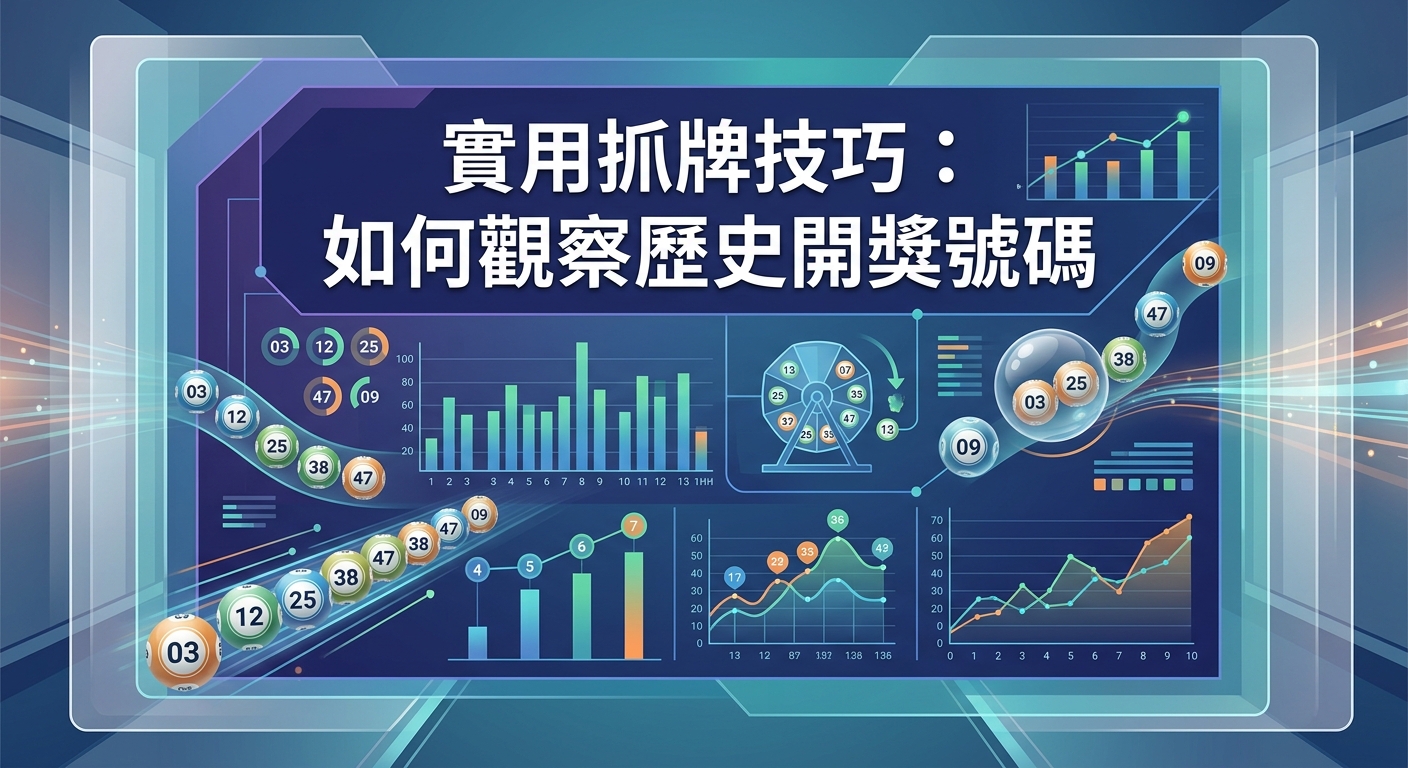 這張圖片以科技感十足的深藍色為基調,畫面上展示著各種彩球、數據統計圖表與分析曲線。 中央醒目地標示著主題標題「實用抓牌技巧:如何觀察歷史開獎號碼」,呈現出專業的號碼分析視覺氛圍。