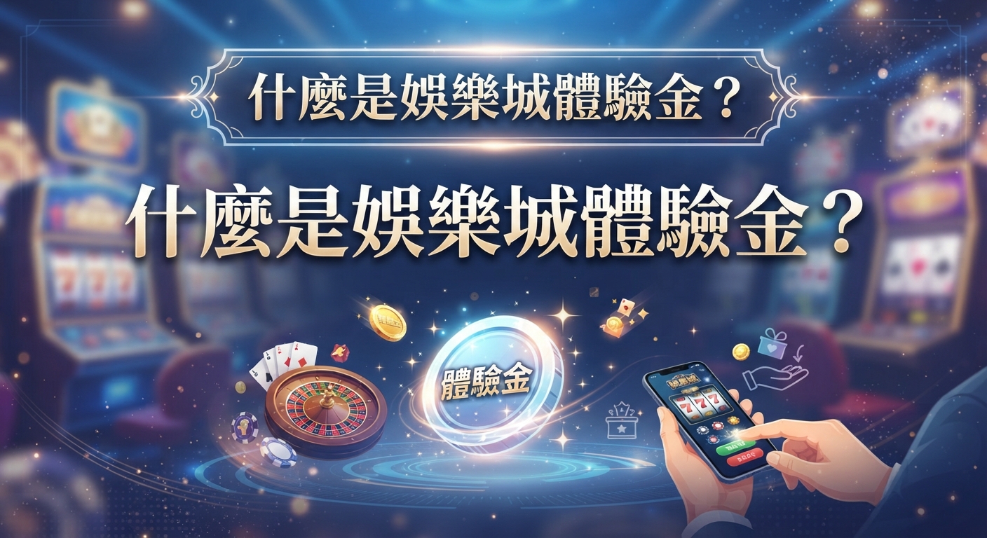 這是一張以「什麼是娛樂城體驗金?」為主題的宣傳圖片,背景結合了線上博弈遊戲元素。 畫面中央設計了耀眼的體驗金標誌,並配有手機操作與籌碼等豐富視覺圖示。