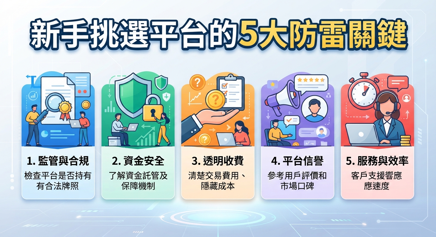 這張圖片的主題是「新手挑選平台的5大防雷關鍵」,並透過五個圖示與說明分別列出監管合規、資金安全、透明收費、平台信譽與服務效率。