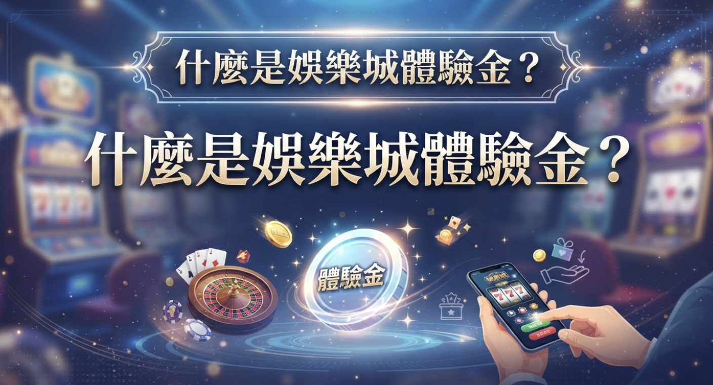 這是一張以「什麼是娛樂城體驗金?」為主題的宣傳圖片,背景結合了線上博弈遊戲元素。 畫面中央設計了耀眼的體驗金標誌,並配有手機操作與籌碼等豐富視覺圖示。