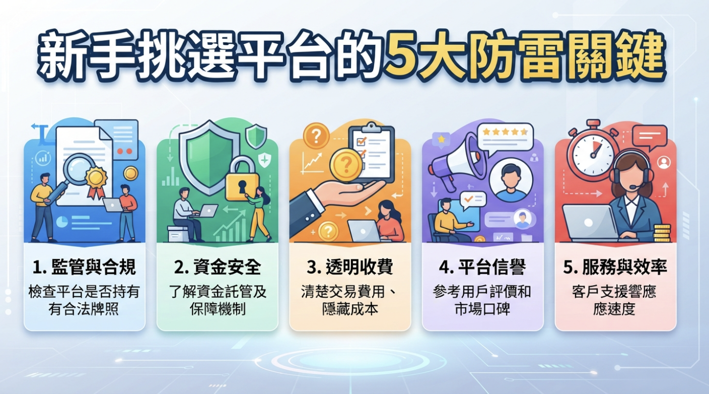 這張圖片的主題是「新手挑選平台的5大防雷關鍵」,並透過五個圖示與說明分別列出監管合規、資金安全、透明收費、平台信譽與服務效率。