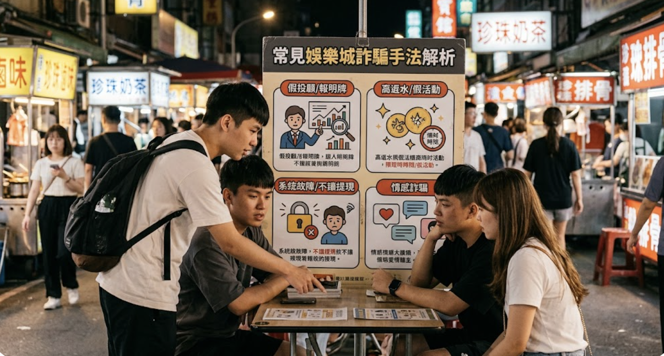 這張圖片展示了一人在夜市攤位前向民眾講解防詐騙資訊,桌上記錄著常見的娛樂城詐騙手法。 海報上方以清楚的標題「常見娛樂城詐騙手法解析」呈現,幫助大眾提高警覺。