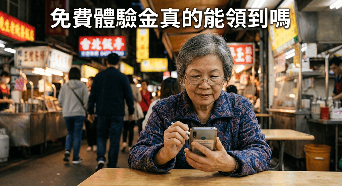 一名婦人坐在熱鬧街頭的桌前,專注地看著手機螢幕,似乎在研究上面的資訊。 畫面上方寫著大大的「免費體驗金真的能領到嗎」字樣,展現出對網路優惠活動的疑問與好奇。