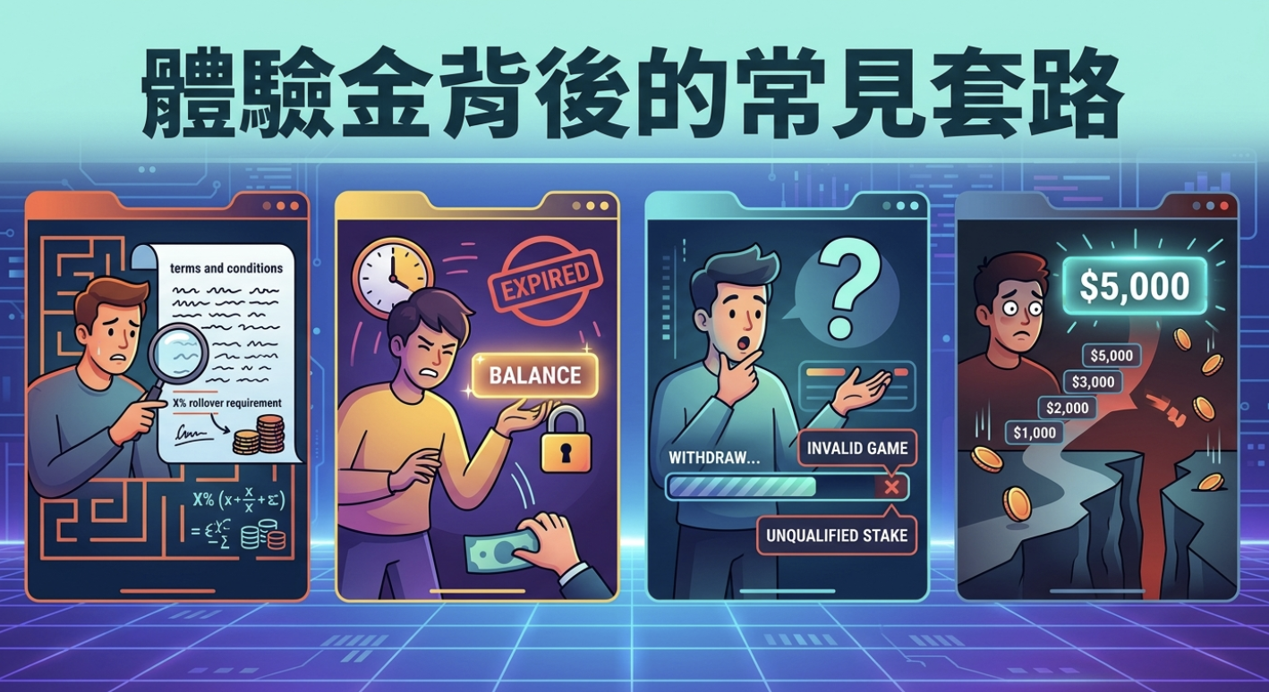 這張圖展現了體驗金背後的四大常見套路,包括複雜條款、超短期限、提現限制與高額流水要求。 畫面以插畫風格呈現用戶在面對各種隱形陷阱時的困惑與無奈。