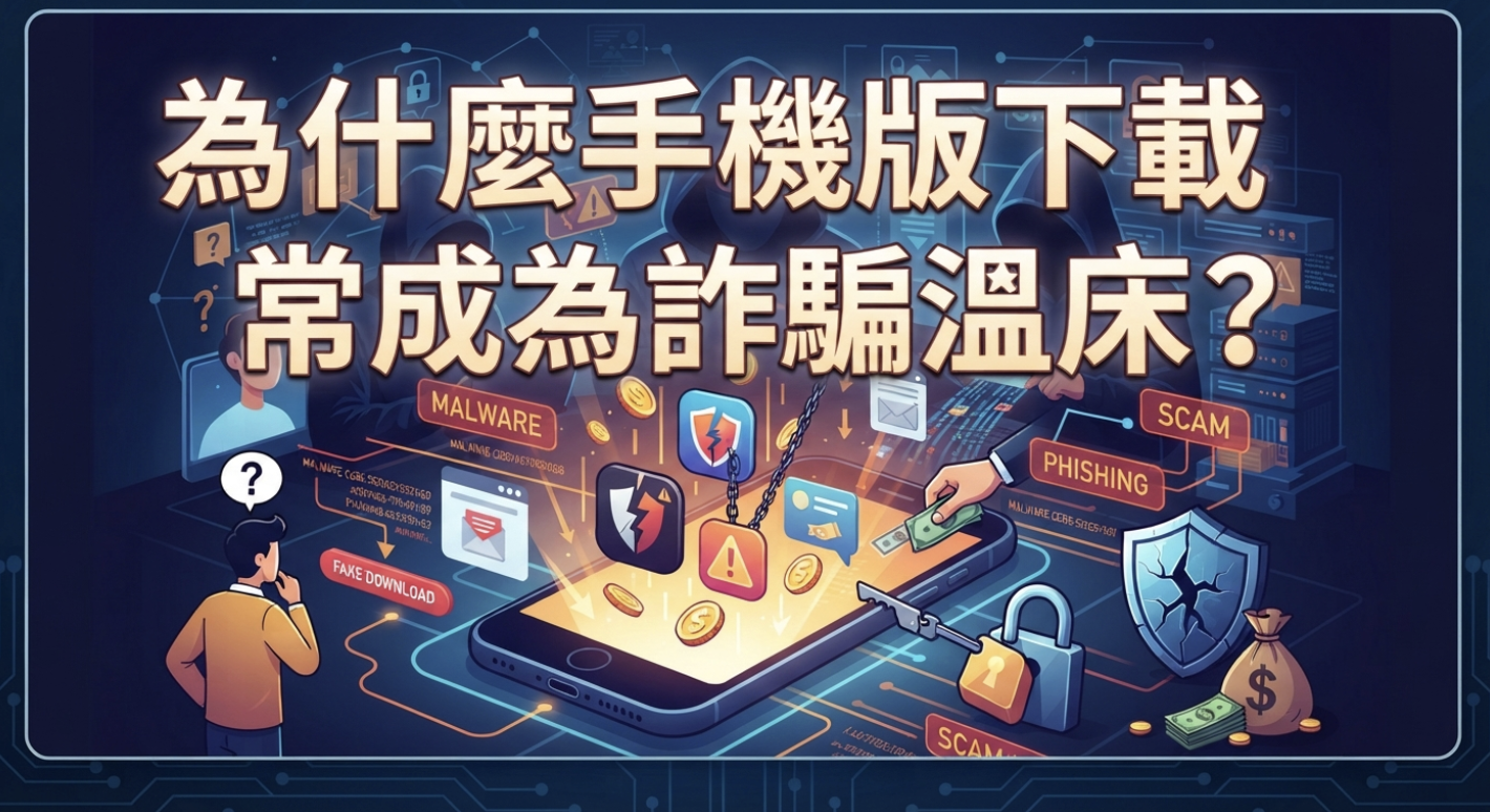 圖片展示了一台智慧型手機周圍環繞著惡意軟體與詐騙警告標誌，上方則醒目地寫著「為什麼手機版下載常成為詐騙溫床？」的主題文字。整體視覺呈現出行動裝置下載應用程式時所面臨的資安風險與陷阱。