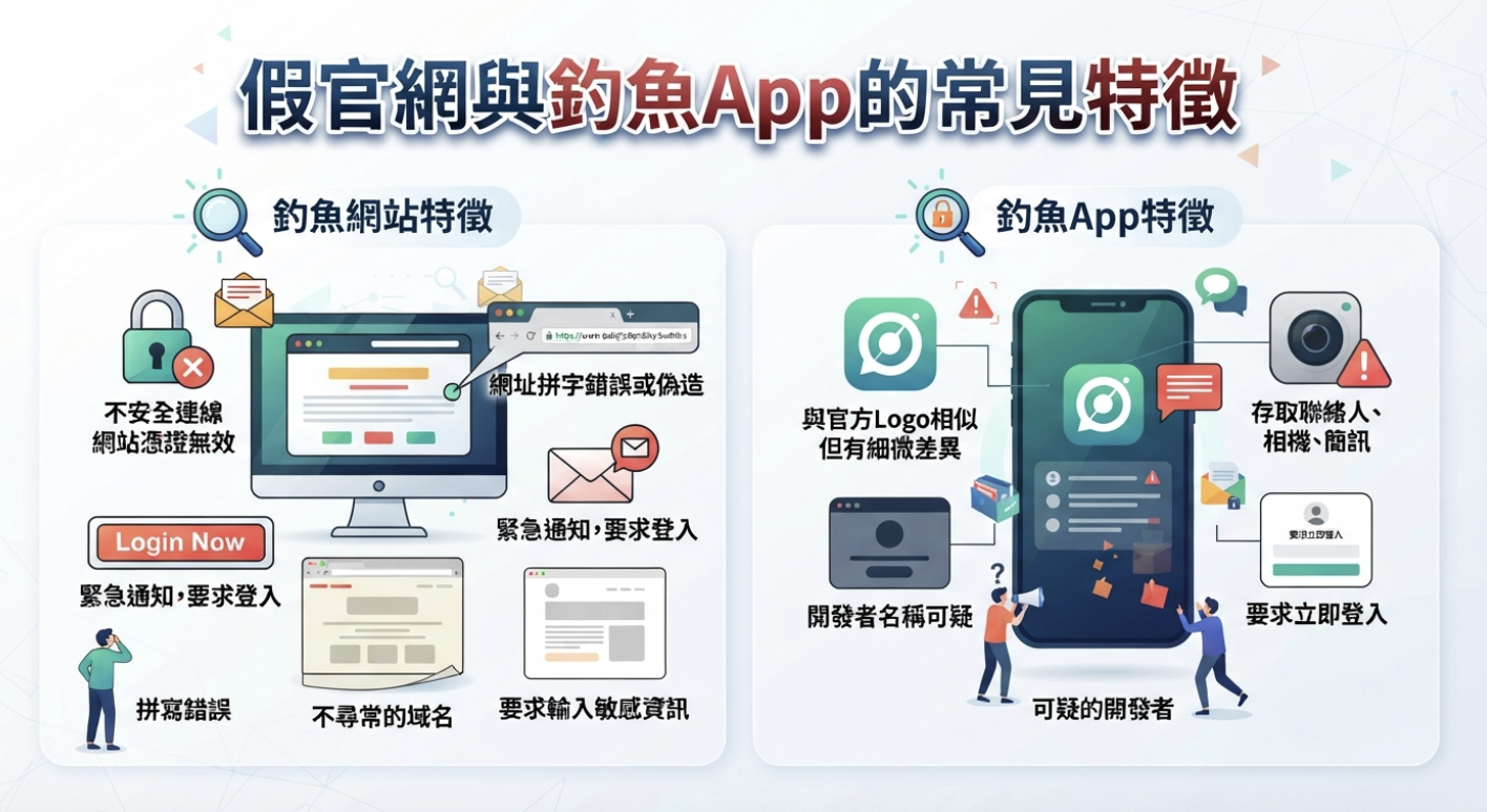 這是一張關於「假官網與釣魚App的常見特徵」的資訊圖表。 圖中清楚比較並列出了釣魚網站與釣魚App各自常有的安全警訊與詐騙手法。